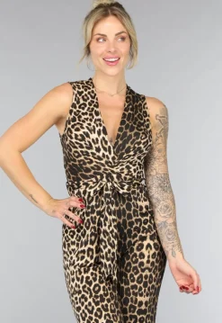 Aansluitende Stretch Panterprint Jumpsuit met Ceintuur