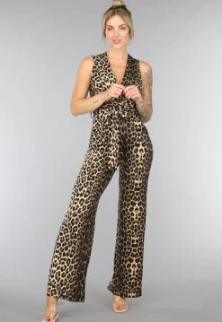 Aansluitende Stretch Panterprint Jumpsuit met Ceintuur
