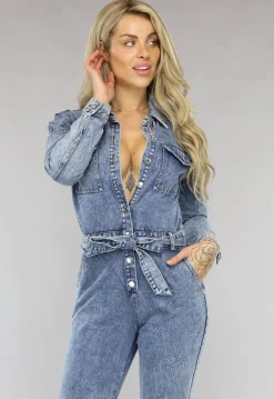 Acid Washed Denim Jumpsuit met Lange Mouwen en Tailleband