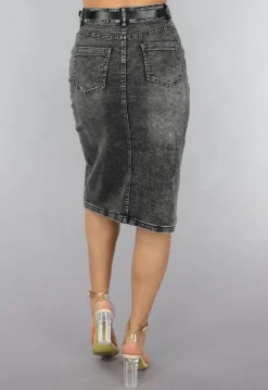 Antraciet Denim Midi Rok met Riempje