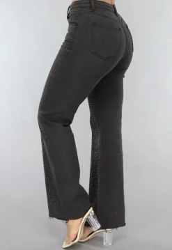 Antraciet Straight Leg Jeans met Strass Steentjes