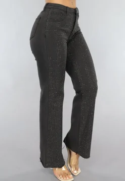 Antraciet Straight Leg Jeans met Strass Steentjes