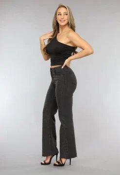 Antraciet Straight Leg Jeans met Strass Steentjes