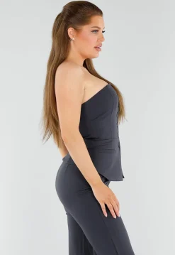 Antraciet Strapless Top Met Knoopsluiting en Getailleerde Fit