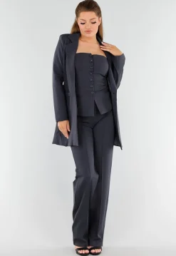 Antraciet Strapless Top Met Knoopsluiting en Getailleerde Fit