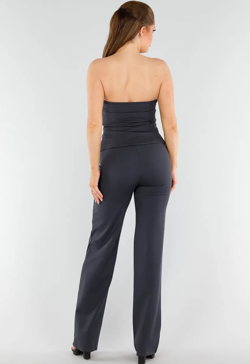 Antraciet Strapless Top Met Knoopsluiting en Getailleerde Fit