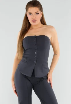 Antraciet Strapless Top Met Knoopsluiting en Getailleerde Fit