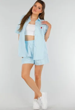 Aquablauwe Katoenen Set met Blouse, Borstzak en Short