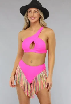Asymmetrische Neon Roze Bikini Set met Franjes