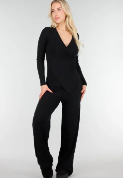 Asymmetrische Zwarte Two Piece Set met Lange Mouwen