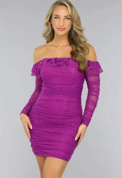 Aubergine Glitter Mesh Jurk met Ruches