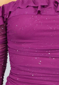 Aubergine Glitter Mesh Jurk met Ruches