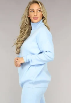 Babyblauwe Gebreide Co Ord Set met Col