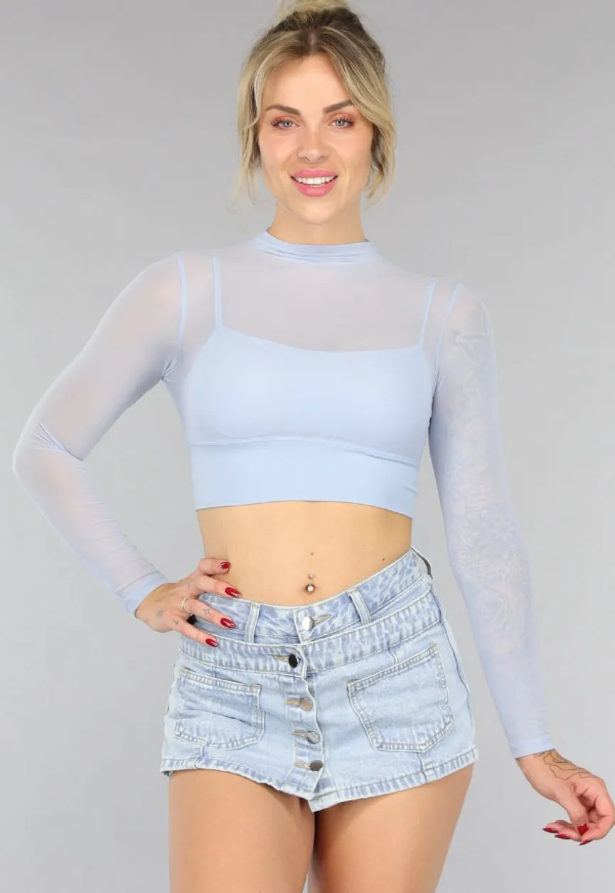 Babyblauwe Longsleeve Mesh Top met Ingewerkte Pads