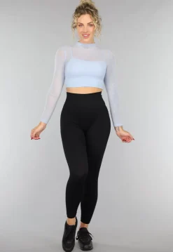 Babyblauwe Longsleeve Mesh Top met Ingewerkte Pads