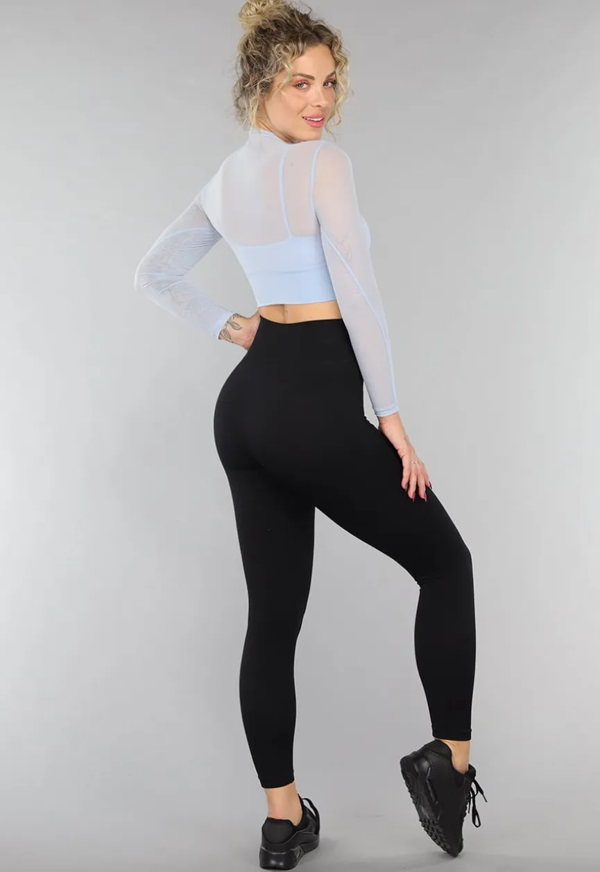Babyblauwe Longsleeve Mesh Top met Ingewerkte Pads