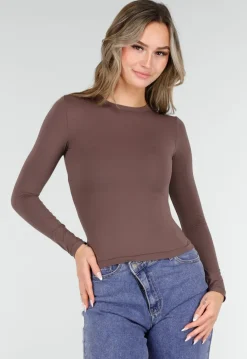 Basic Stretch Top Bruin met Lange Mouwen
