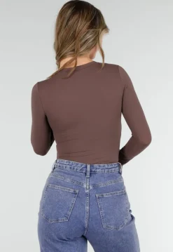 Basic Stretch Top Bruin met Lange Mouwen