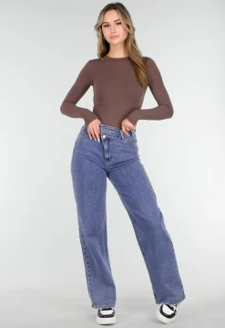 Basic Stretch Top Bruin met Lange Mouwen