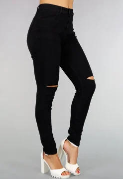Basic Zwarte High Waist Ripped Knees Jeans