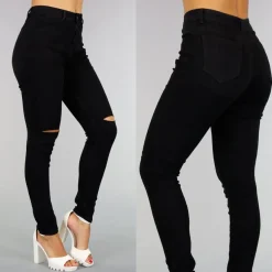 Basic Zwarte High Waist Ripped Knees Jeans