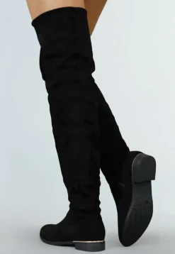 Basic Zwarte Suède-Look Overknee Laarzen met Kleine Hak