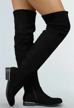 Basic Zwarte Suède-Look Overknee Laarzen met Kleine Hak