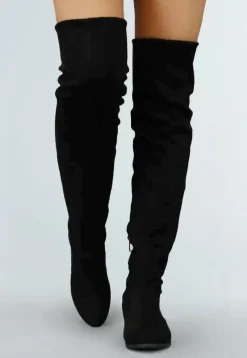 Basic Zwarte Suède-Look Overknee Laarzen met Kleine Hak
