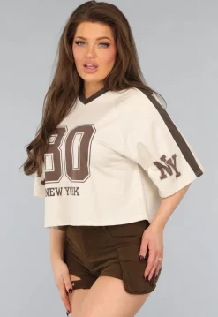 Beige Baseball Shirt met Bruine Details