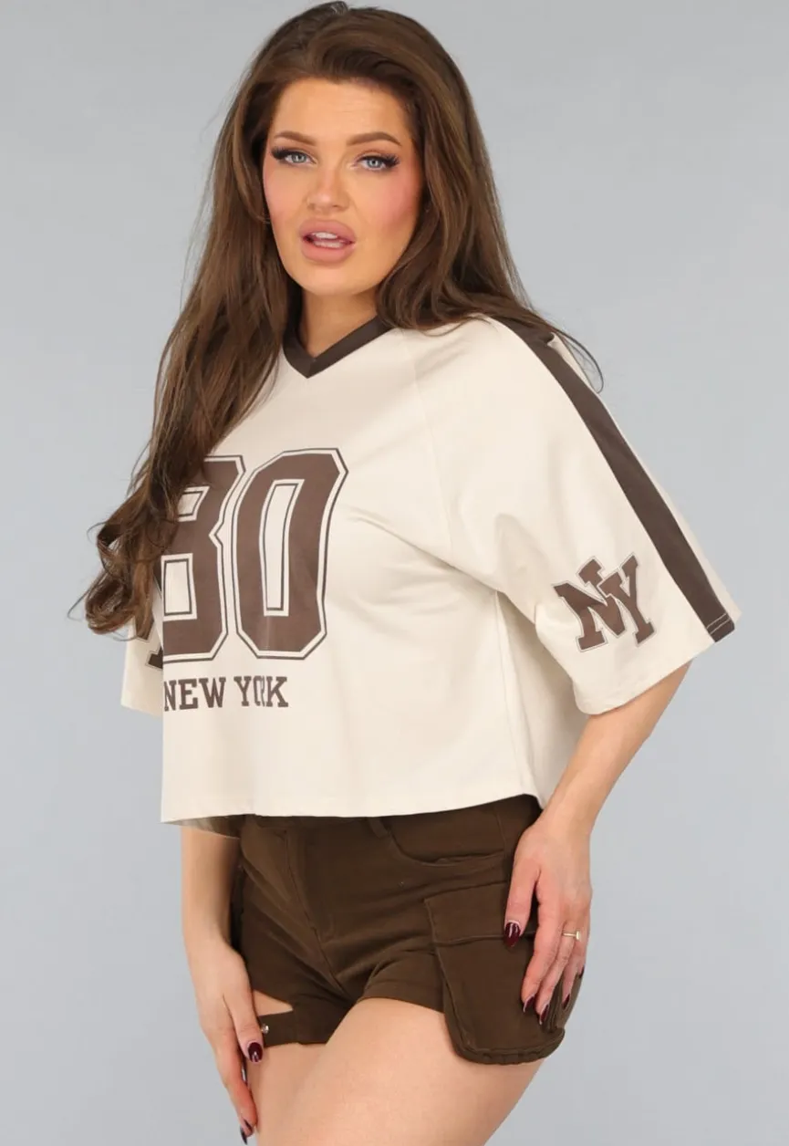 Beige Baseball Shirt met Bruine Details