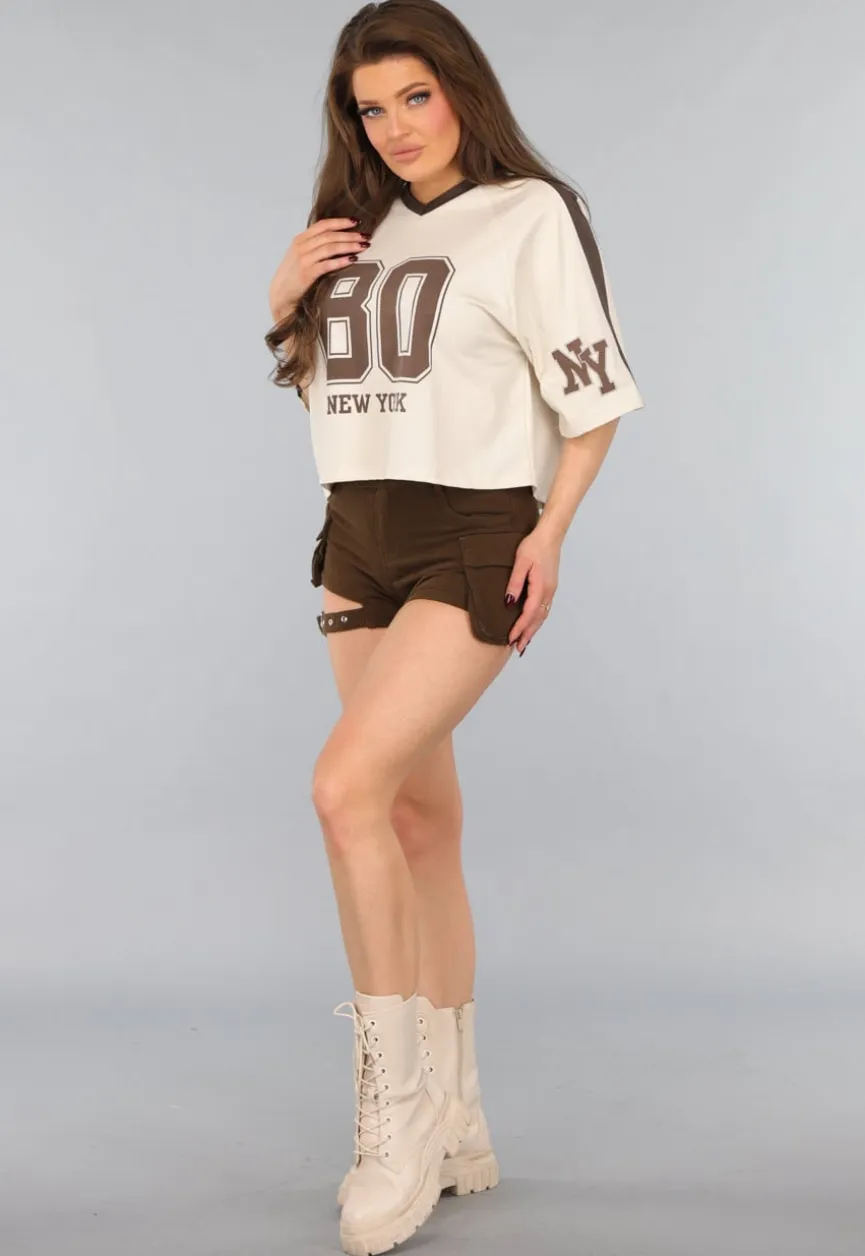 Beige Baseball Shirt met Bruine Details