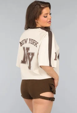 Beige Baseball Shirt met Bruine Details