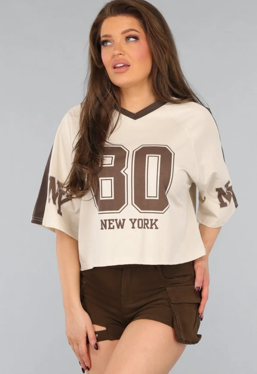 Beige Baseball Shirt met Bruine Details