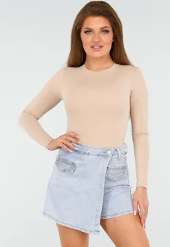 Beige Basic String Bodysuit met Stretch en Lange Mouwen