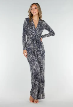 Beige-Blauwe Stretch Jumpsuit met All-Over Print en Strikceintuur