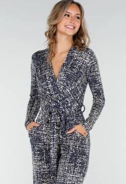Beige-Blauwe Stretch Jumpsuit met All-Over Print en Strikceintuur