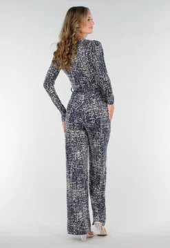 Beige-Blauwe Stretch Jumpsuit met All-Over Print en Strikceintuur