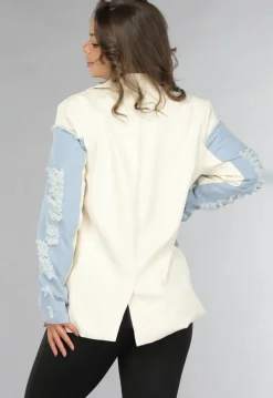 Beige Blazer met Denim Details
