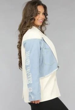 Beige Blazer met Denim Details