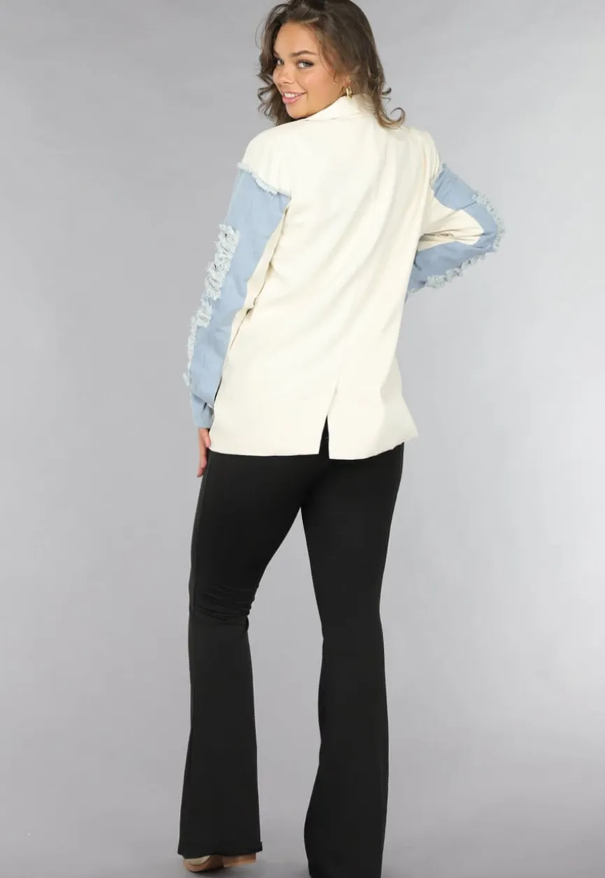 Beige Blazer met Denim Details