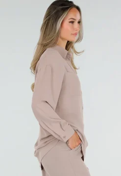 Beige Blouse met Kraag, Knoopsluiting en Lange Mouwen