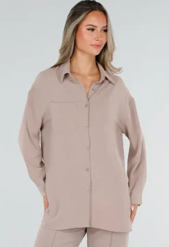 Beige Blouse met Kraag, Knoopsluiting en Lange Mouwen