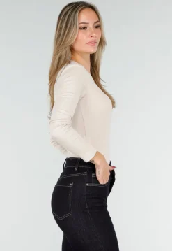 Beige Bodysuit met Lange Mouwen en Ronde Hals Stretch