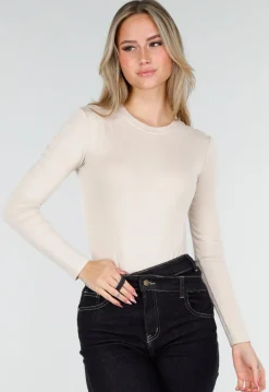 Beige Bodysuit met Lange Mouwen en Ronde Hals Stretch