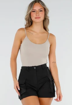 Beige Bodysuit met Spaghetti Bandjes en Pads