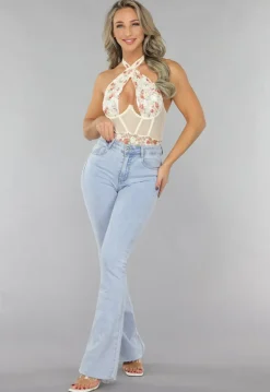 Beige Bodysuit met Vintage Bloemetjes