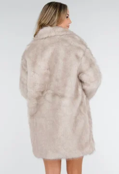 Beige Bontjas Jas met Grote Kraag en Steekzakken