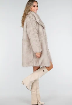 Beige Bontjas Jas met Grote Kraag en Steekzakken