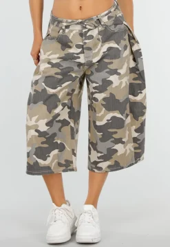 Beige Camouflage Culotte Broek met Lage Taille