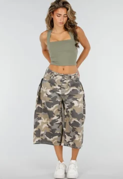 Beige Camouflage Culotte Broek met Lage Taille